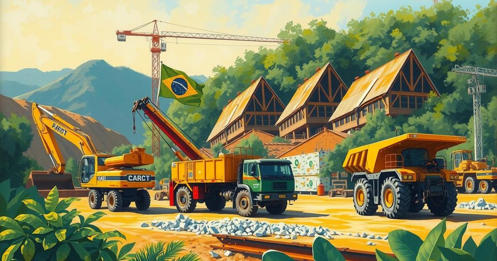 Construction site with heavy machinery, flags, and a Brazilian landscape in vibrant colors, depicting industrial activity.