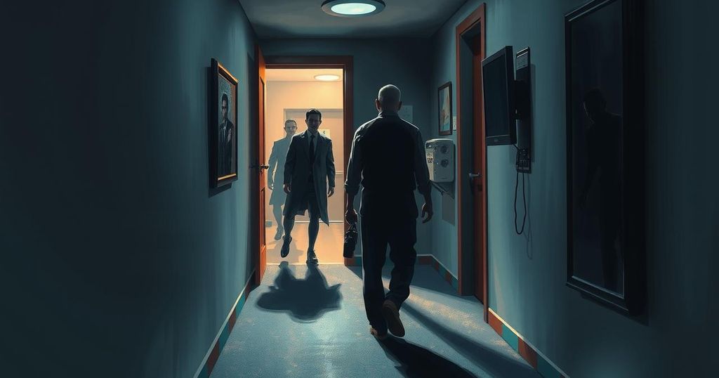 A tense hotel corridor with shadows and uncertain figures, reflecting the atmosphere of danger and confrontation.