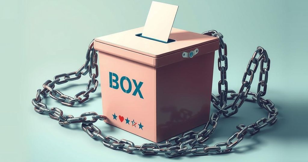 A conceptual illustration showcasing democracy with a ballot box amidst symbolic chains representing oppression.