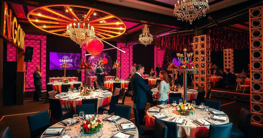 A vibrant celebration scene at a grand event with colorful decorations, elegant table settings, and joyful atmosphere.