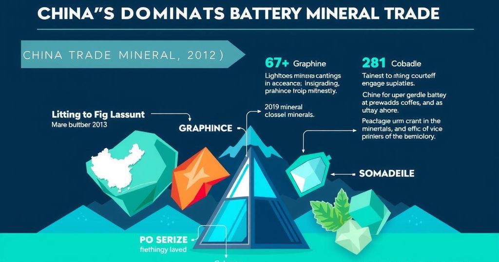 A colorful infographic detailing China's battery minerals trade and production dominance in world markets.