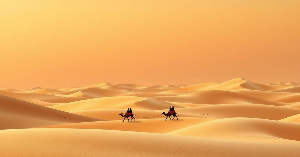 A desert landscape showing a caravan of abstract forms representing migration between Libya and Sudan, with warm earth tones.
