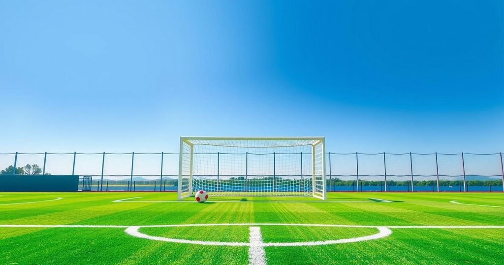 A soccer field with a vibrant green pitch, goalposts, and a clear blue sky, symbolizing sports elections.