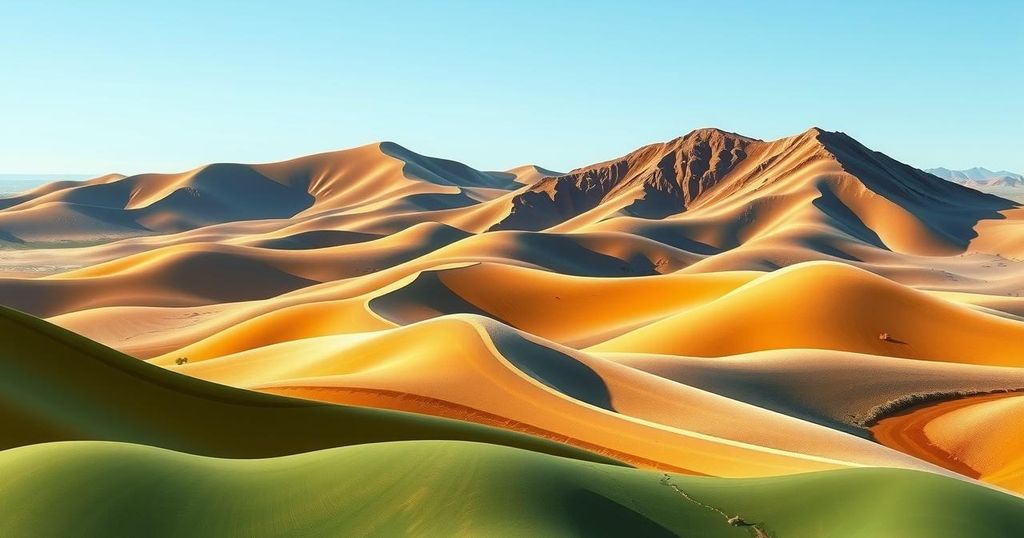 Rising land in South Africa depicted by undulating hills in earthy tones, showcasing geological change and drought impact.