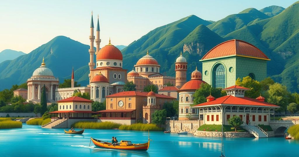 Scenic landscape blending Turkiye, Iran, Azerbaijan, and Tajikistan with vibrant color palette and traditional architecture.