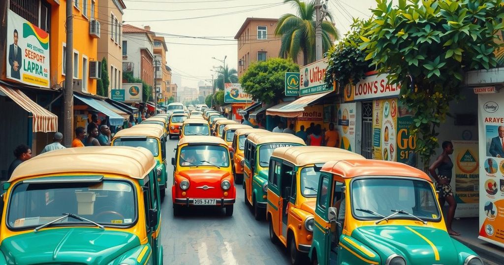 A cinematic depiction of Lagos, Nigeria, showcasing vibrant mini-buses and intimate family moments, capturing 90s nostalgia.