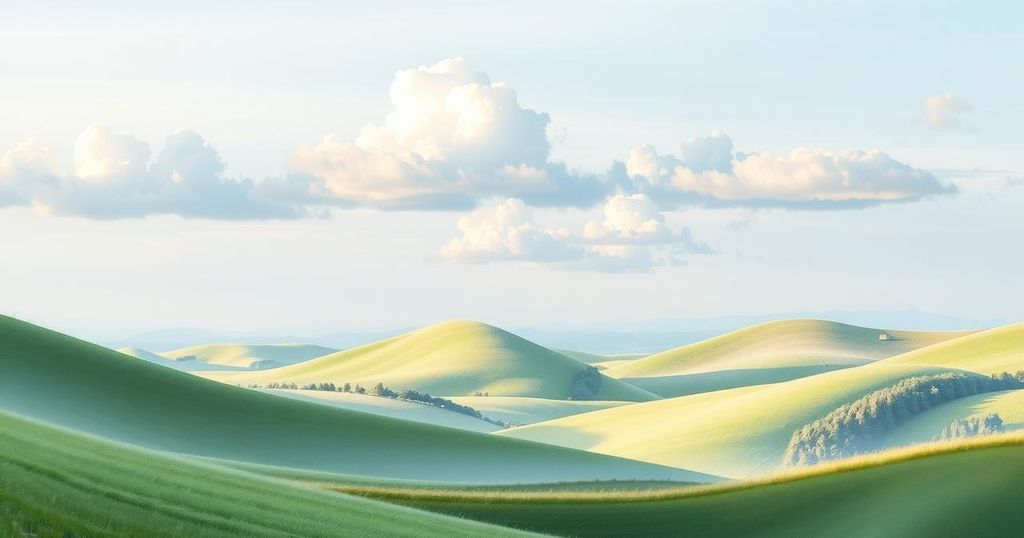 A tranquil landscape showing rolling hills under a partly cloudy sky with soft hues of blue and gray.