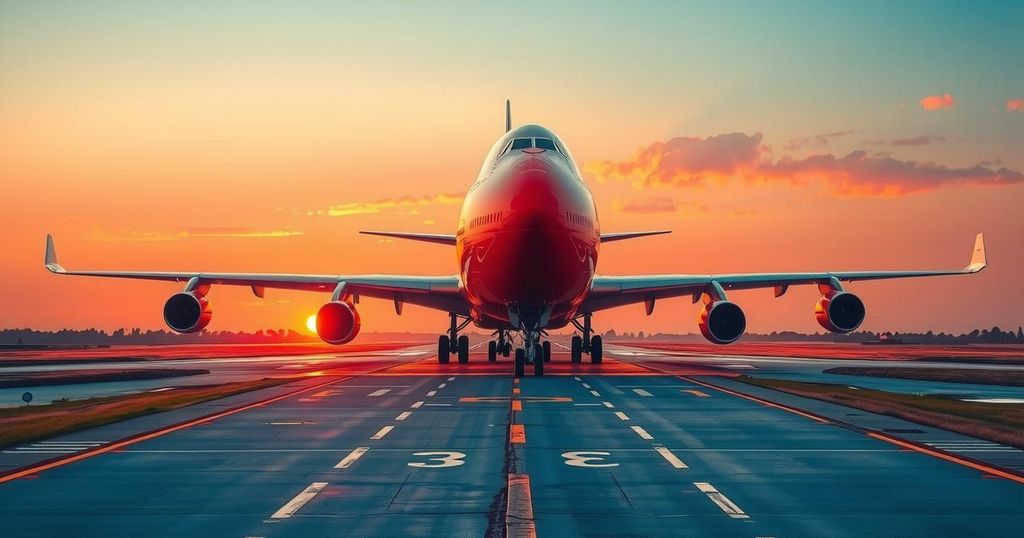 A luxurious Boeing 747 on a runway, symbolizing political controversy involving foreign gifts and ethics.
