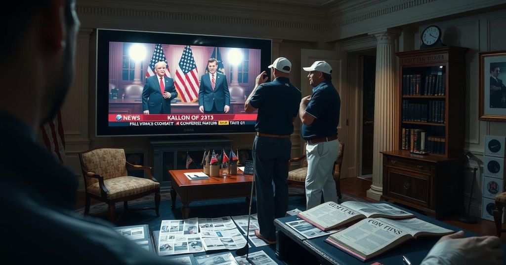 A dramatic Oval Office scene with dim lights, a screen displaying tense diplomatic moments, and two golfers present.