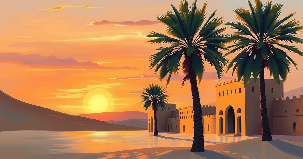 A serene desert landscape at sunset with palm trees and traditional Middle Eastern architecture silhouetted.