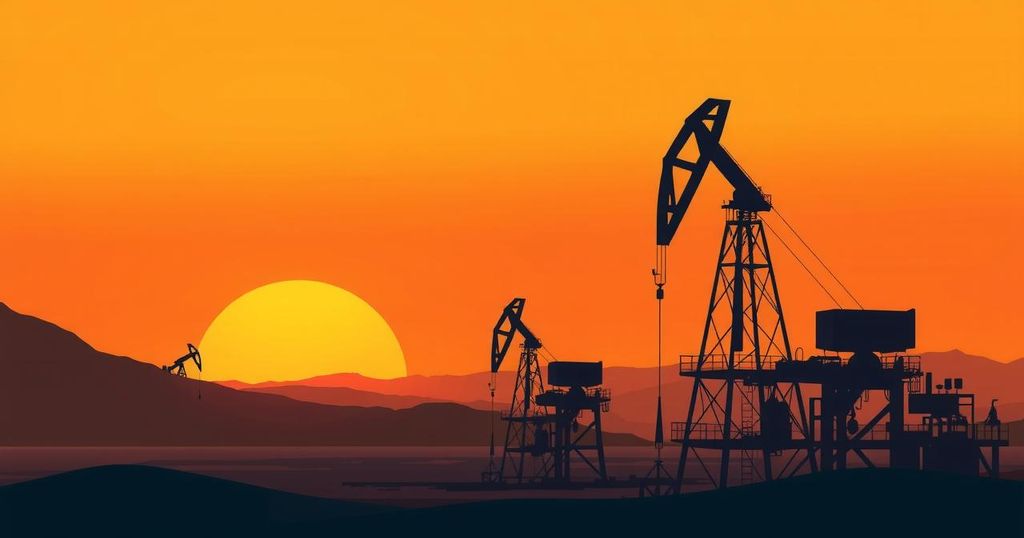 Venezuelan landscape with oil industry elements in a minimalist style, featuring a warm color palette.