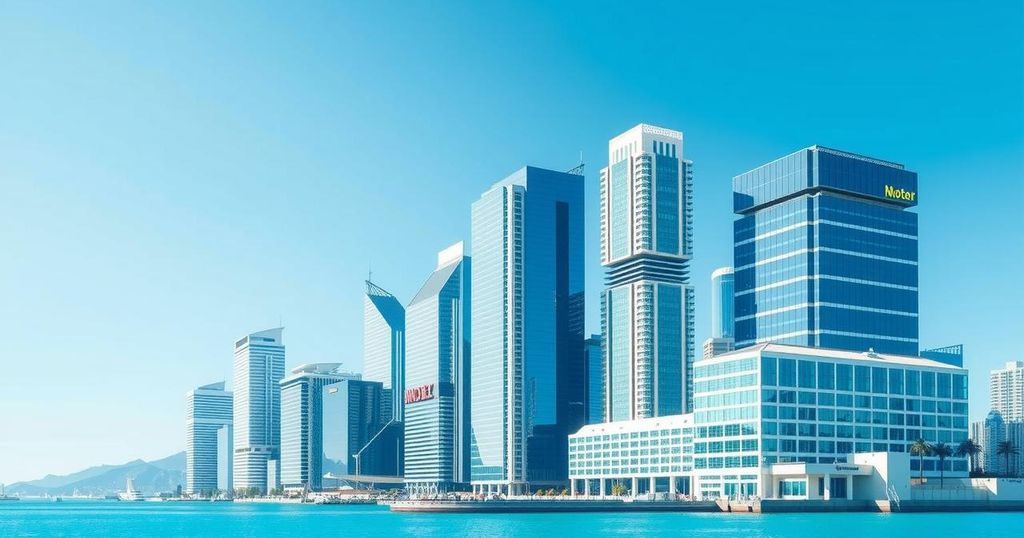 A modern city skyline with skyscrapers reflecting bright sunlight under a clear blue sky, representing insurance and protection.