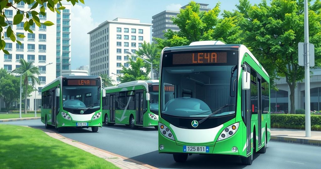 Electric buses in a vibrant cityscape showcase reduced emissions in Chile with lush greenery.
