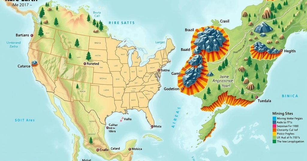 An illustrated map highlighting rare-earth mining sites in Brazil and the U.S.