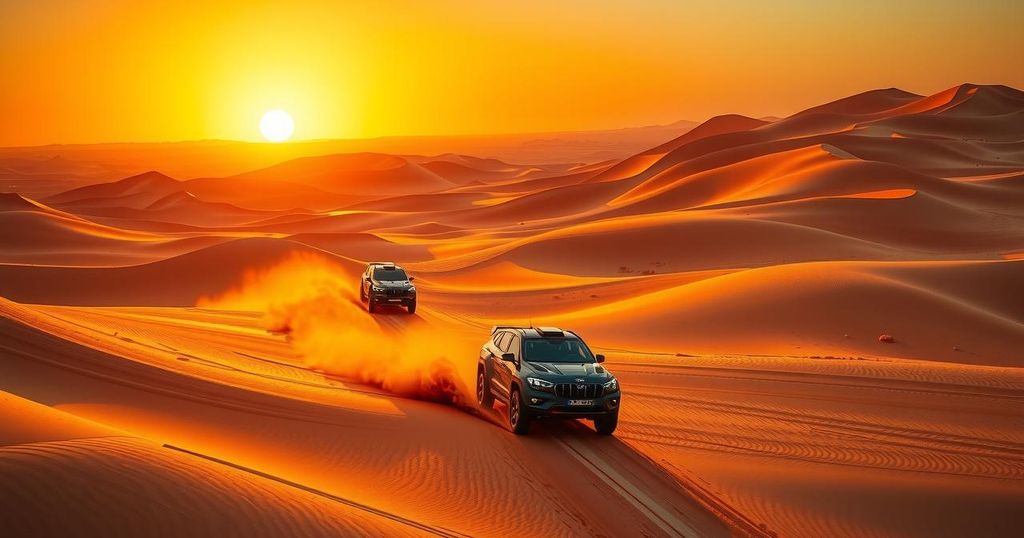 Desert landscape with racing cars, showcasing an intense thrill ride through dunes under a vibrant sunset