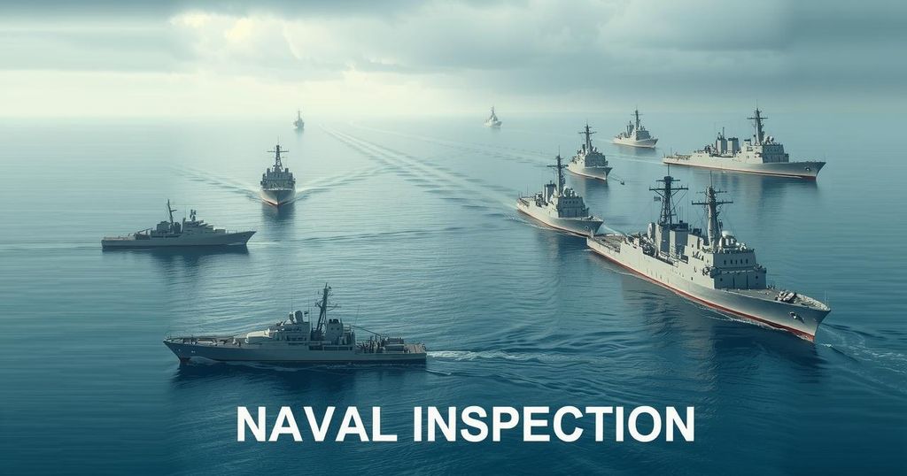 A conceptual artwork depicting ships on the ocean with a focus on naval inspection and restraint, in a muted color palette.
