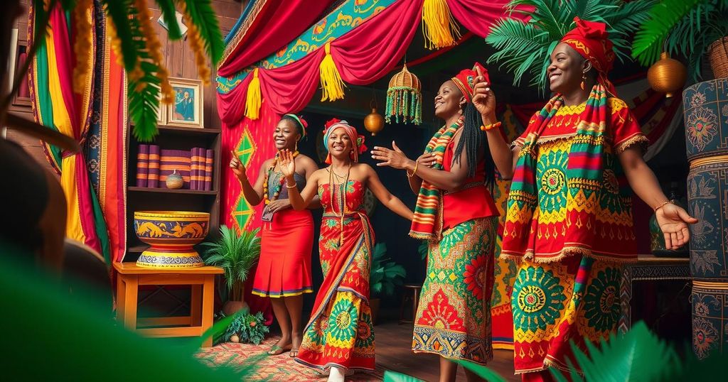 A colorful celebration scene reflecting Cameroonian culture, with traditional decor and joyful elements.