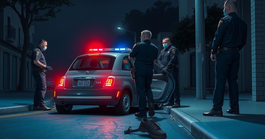 Police officers apprehending thieves in a dimly lit urban environment near a parked vehicle.