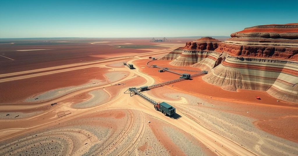 Aerial view of rugged Namibian terrain with mineral exploration equipment and vast desert landscape.