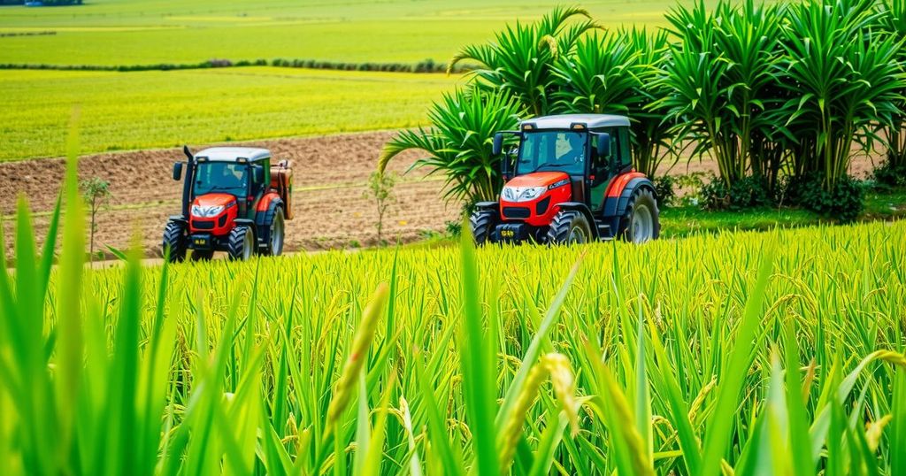 A rice field with modern machinery and green plants illustrating agriculture and sustainability in Nigeria.