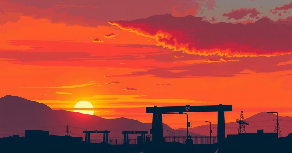 A depiction of a symbolic border crossing with a vibrant sunset, representing relations between the US and Mexico.