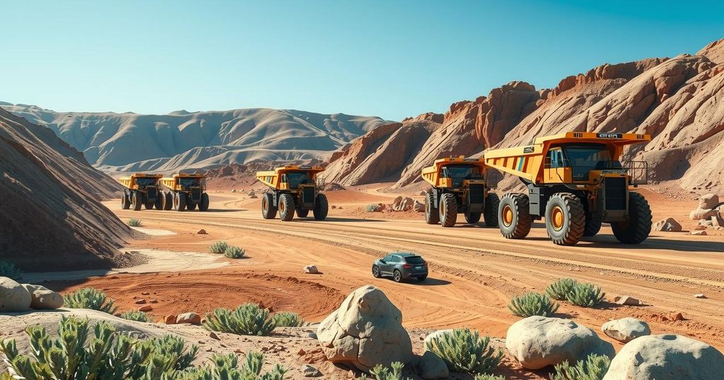 A fleet of autonomous mining trucks in a vast coal mining landscape under a blue sky.