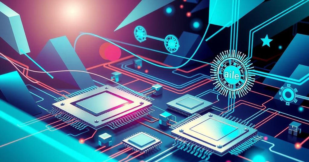 An abstract representation of semiconductor components with vibrant colors, showcasing the technology sector's evolution.