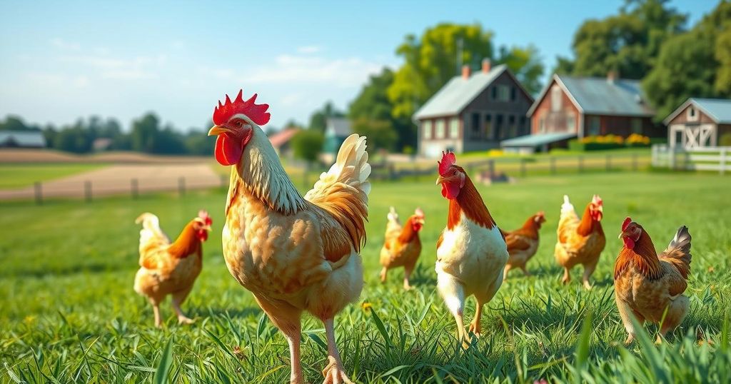 A serene countryside scene depicting a farm with chickens and green fields under a clear blue sky.