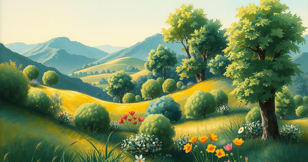 A serene landscape depicting diverse ecosystems, showcasing plants and trees under soft, natural lighting.