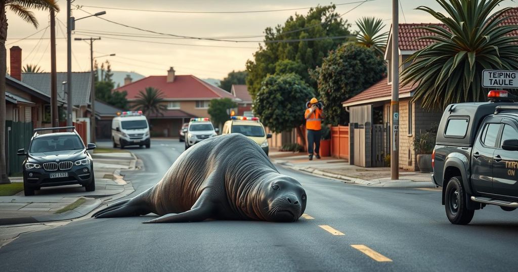 A large elephant seal on a suburban street surrounded by police vehicles and marine specialists.