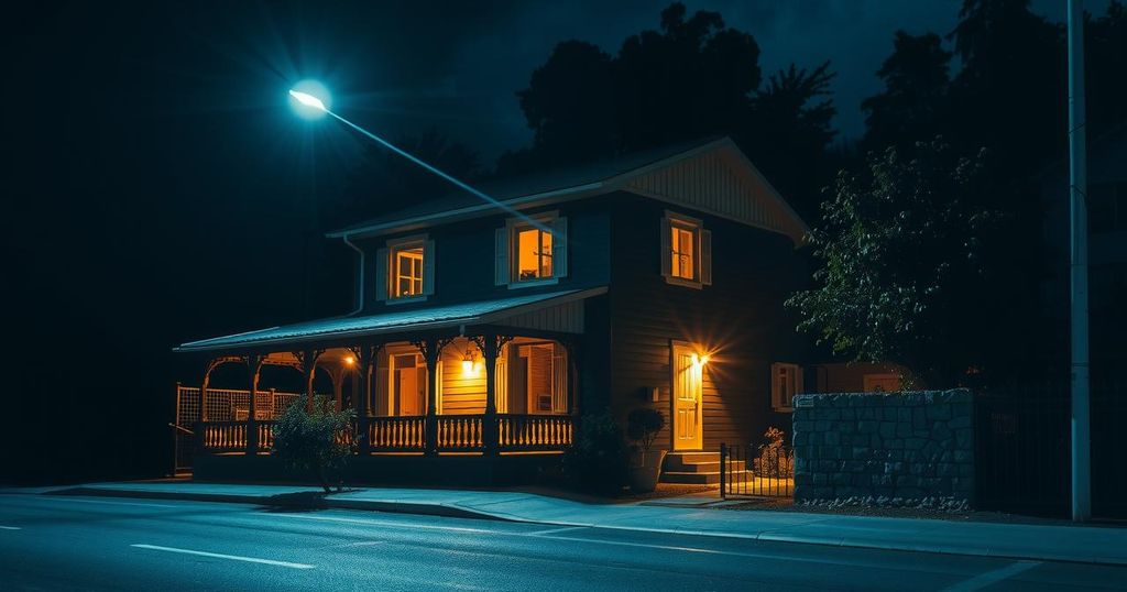 Dramatic scene depicting a house in Dili with police lights and a tense atmosphere at night.
