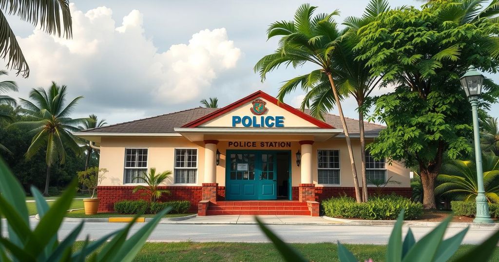 A serene police station exterior in Jamaica, with lush greenery and a cloudy sky, embodying tranquility and law enforcement.