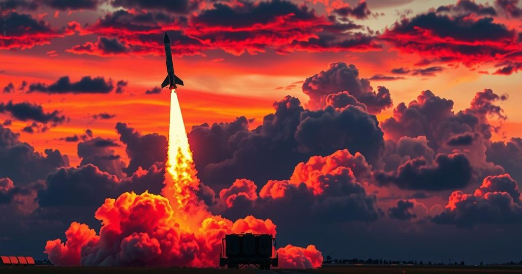 Rocket system launch in a dramatic sky, showcasing military technology amidst rising tensions and strategic dynamics.