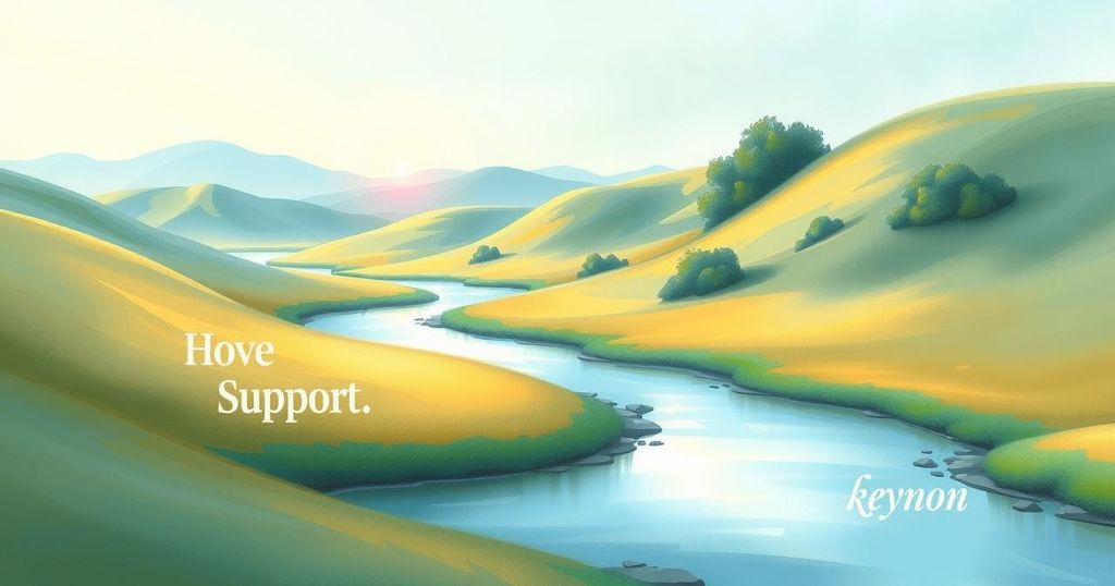 A symbolic representation of support and resilience, featuring a serene landscape with gentle colors and abstract shapes.