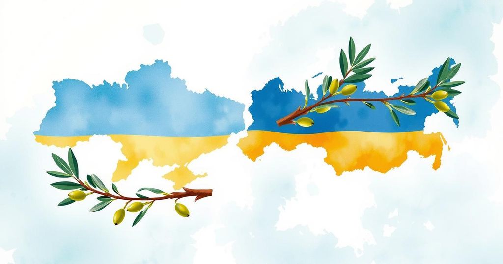 A symbolic depiction of peace talks with maps of Ukraine and Russia intertwined, emphasizing diplomacy in muted colors.
