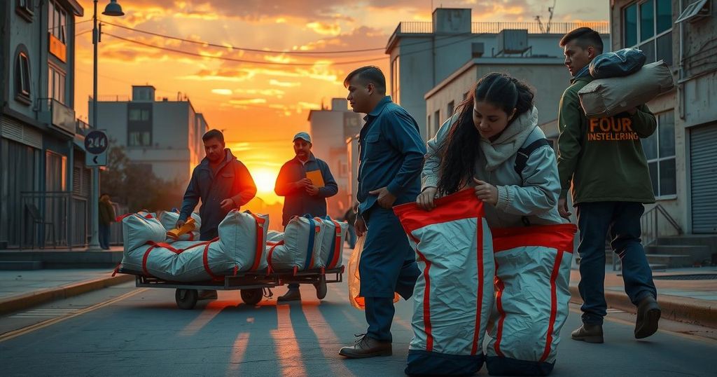 Humanitarian workers lifting body bags in a scenic urban setting at sunset, conveying somber emotions.