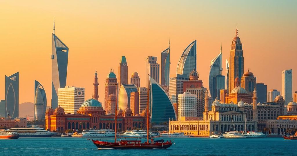 A dynamic skyline of Middle Eastern cities, blending modern and traditional architecture, bathed in golden sunlight.