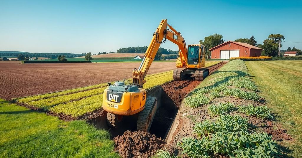 An excavator in a farm field digging a trench to dispose of poultry, set against a clear blue sky and green landscape.
