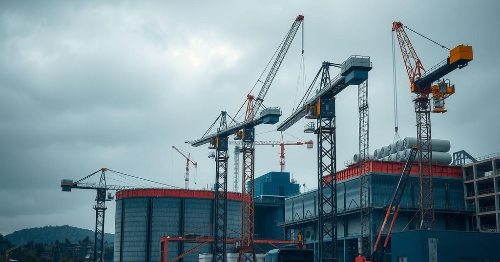 A construction site with vehicles and equipment under cloudy skies, showcasing an industrial setting without people.