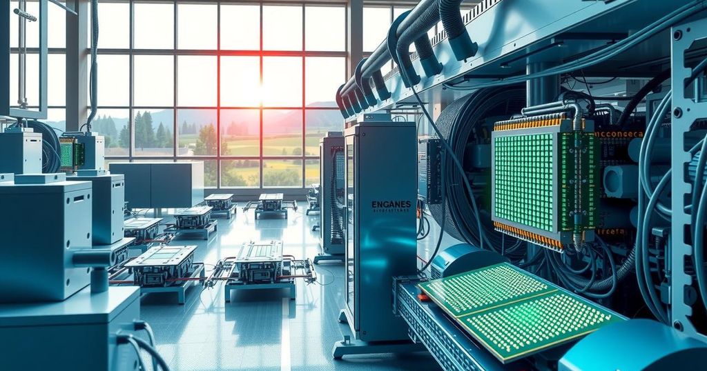 A vibrant illustration of Malaysia's semiconductor industry focusing on innovation and collaboration in technology.