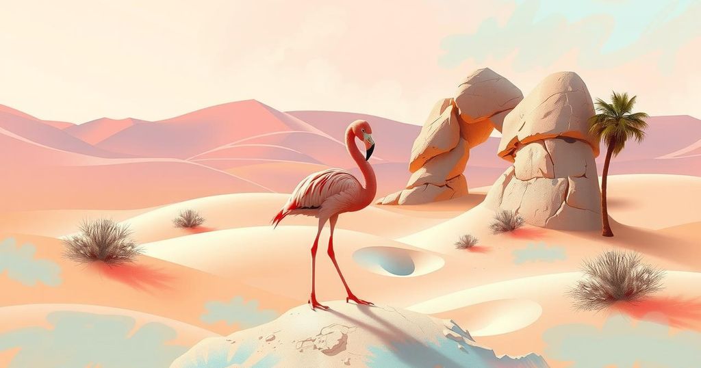 A serene desert landscape depicting a vibrant flamingo, symbolizing the themes of love and mystery in cinema.