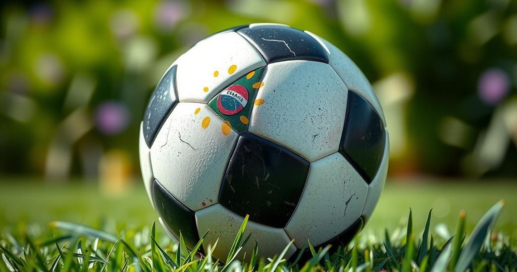 Colorful soccer ball on a lush green field representing soccer matches in Brazil and Ecuador.