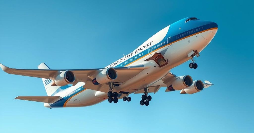 A Boeing 747 jet against a clear blue sky, representing its acceptance by the U.S. government as a gift from Qatar.
