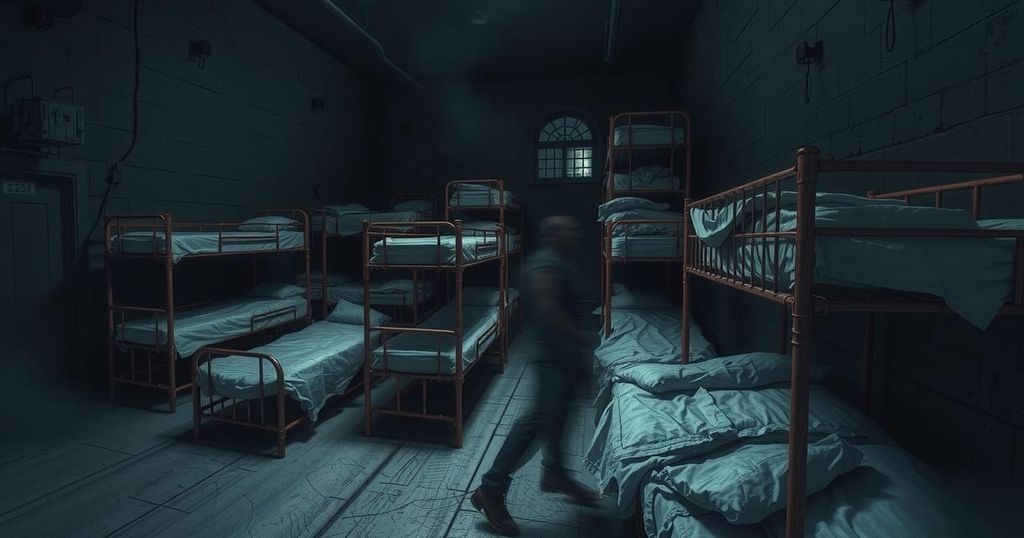 Overcrowded prison cell with dark walls, cramped bunks, and shadowy corners highlighting a bleak atmosphere.