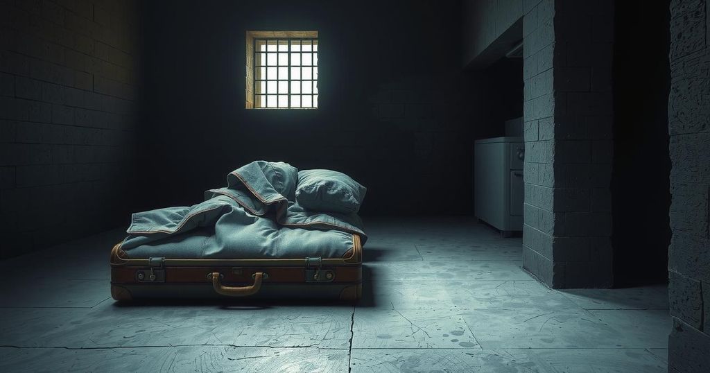 A dark and cramped jail cell with two suitcases and minimal space, highlighting confinement and tension.
