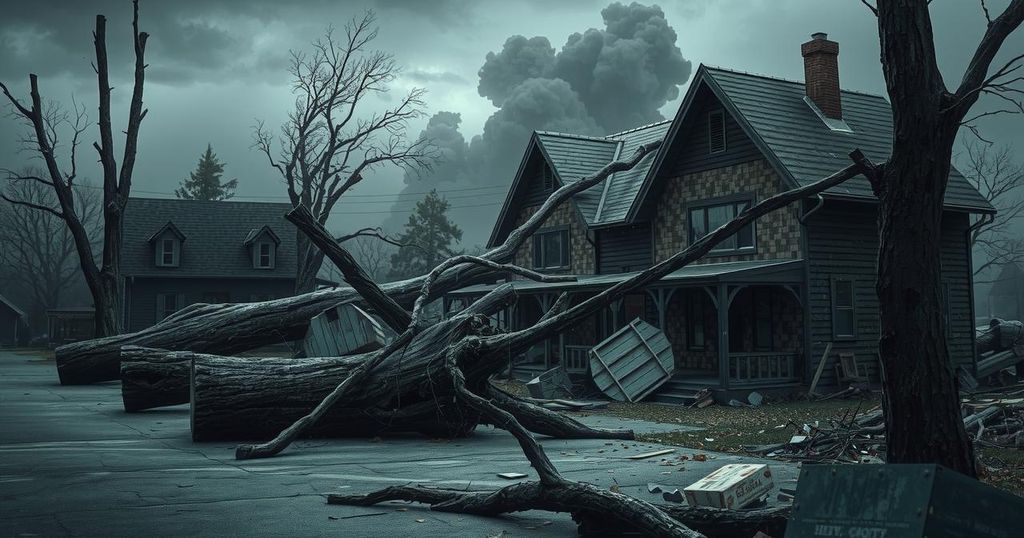 Destruction scene from tornadoes showing damaged buildings and downed trees in a residential area.