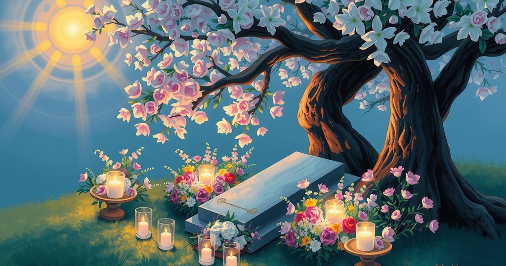 A serene burial site under a tree with flowers and candles, symbolizing peace and remembrance.