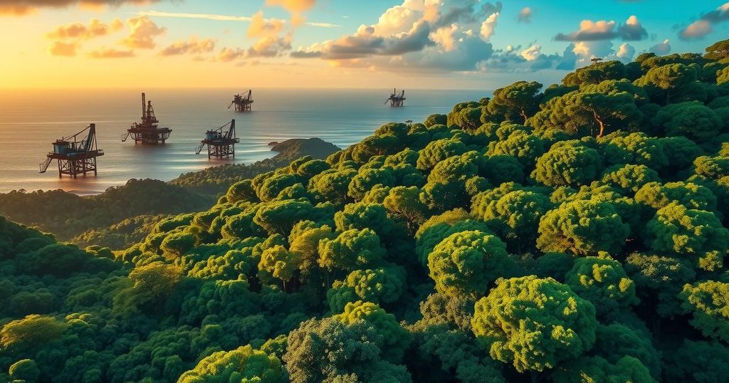 Vibrant landscape showcasing lush forests and offshore oil rigs, symbolizing Suriname's economic potential and growth.