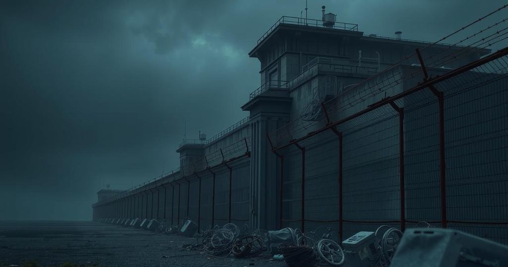 A dark prison with towering fences and barbed wire, reflecting a sense of confinement and security.