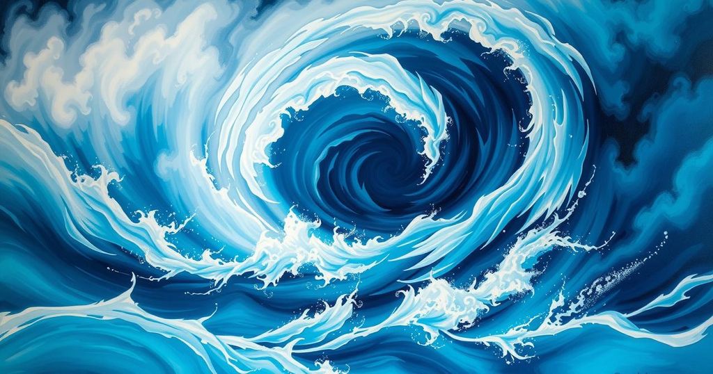A swirling cyclone formation over an ocean, depicted in vibrant blues and whites with a dramatic contrast of storm clouds.